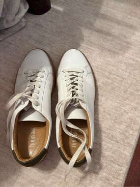 Thursday Boot Company White Leather Sneakers with Tan Lining and Olive Heel